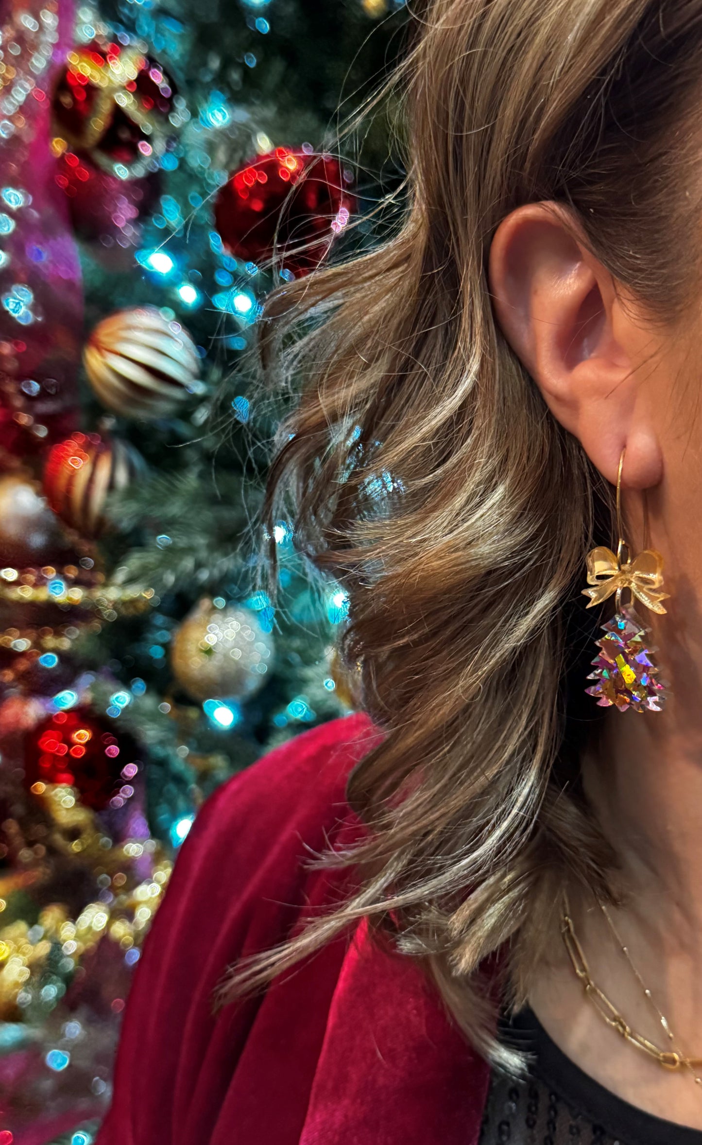 Christmas Earrings - Gold Acrylic with Gold Mirror Bow