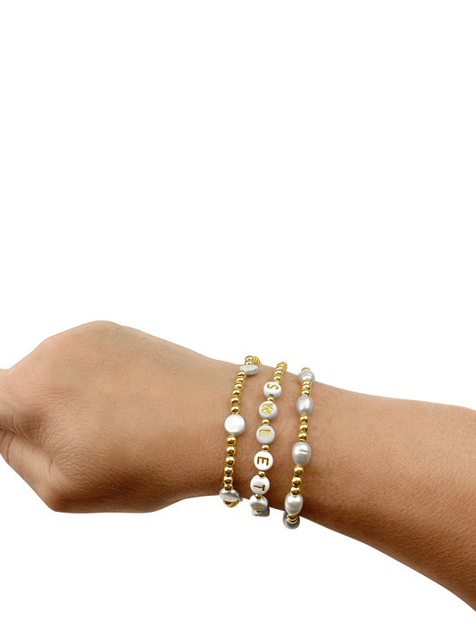 CUSTOM PEARL STACK - 14K GOLD FILLED OR STERLING SILVER & PEARLS - Beaded Strech Bracelets  -  STACK OF 3 Bracelets