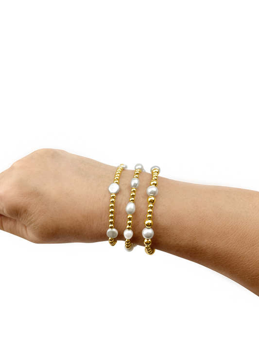 ***PEARL STACK - 14K GOLD FILLED OR STERLING SILVER & PEARLS - Beaded Strech Bracelets  -  STACK OF 3 Bracelets