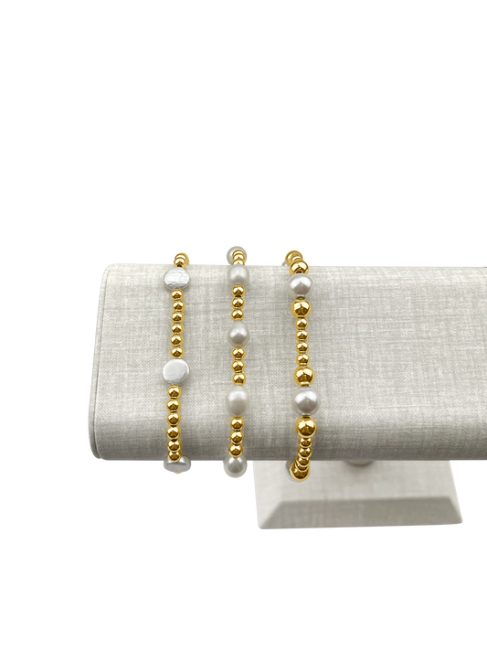 ***PEARL STACK - 14K GOLD FILLED OR STERLING SILVER & PEARLS - Beaded Strech Bracelets  -  STACK OF 3 Bracelets