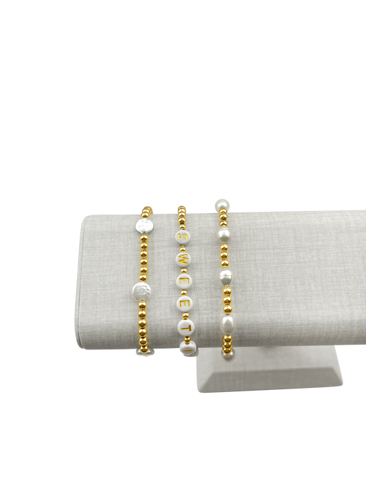 CUSTOM PEARL STACK - 14K GOLD FILLED OR STERLING SILVER & PEARLS - Beaded Strech Bracelets  -  STACK OF 3 Bracelets