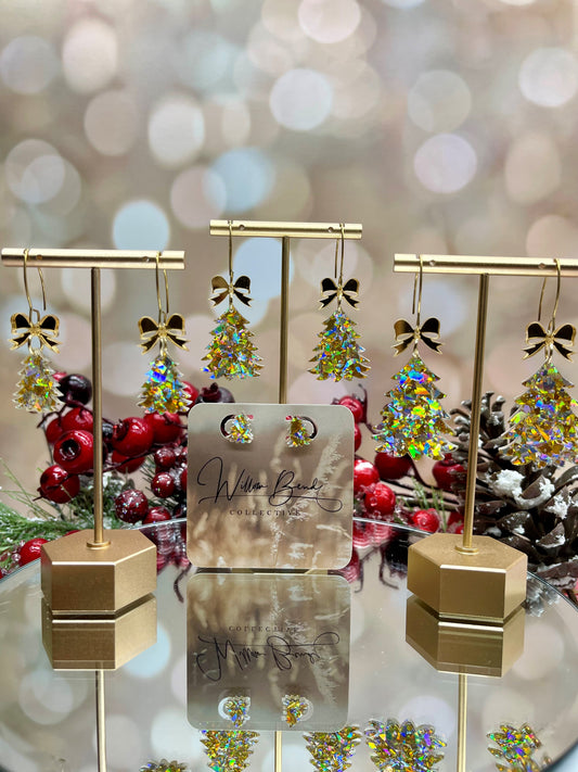 Christmas Earrings - Gold Acrylic with Gold Mirror Bow