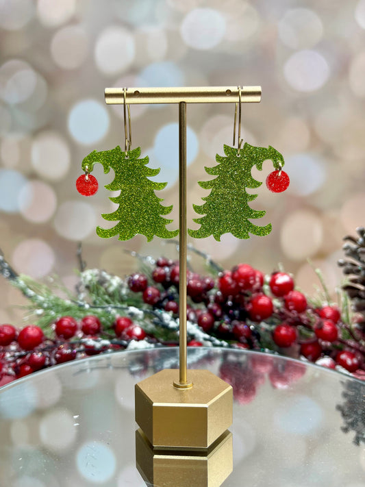 Christmas Earrings - Green Glitter Acrylic with Red Glitter Ornament
