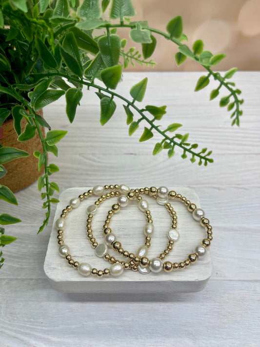 ***PEARL STACK - 14K GOLD FILLED OR STERLING SILVER & PEARLS - Beaded Strech Bracelets - STACK OF 3 Bracelets