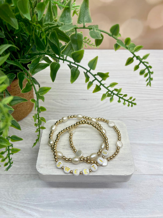 CUSTOM PEARL STACK - 14K GOLD FILLED OR STERLING SILVER & PEARLS - Beaded Strech Bracelets - STACK OF 3 Bracelets