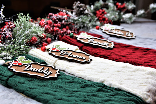 Christmas - Holly and Berry Stocking Tag - Red & Green ST-2