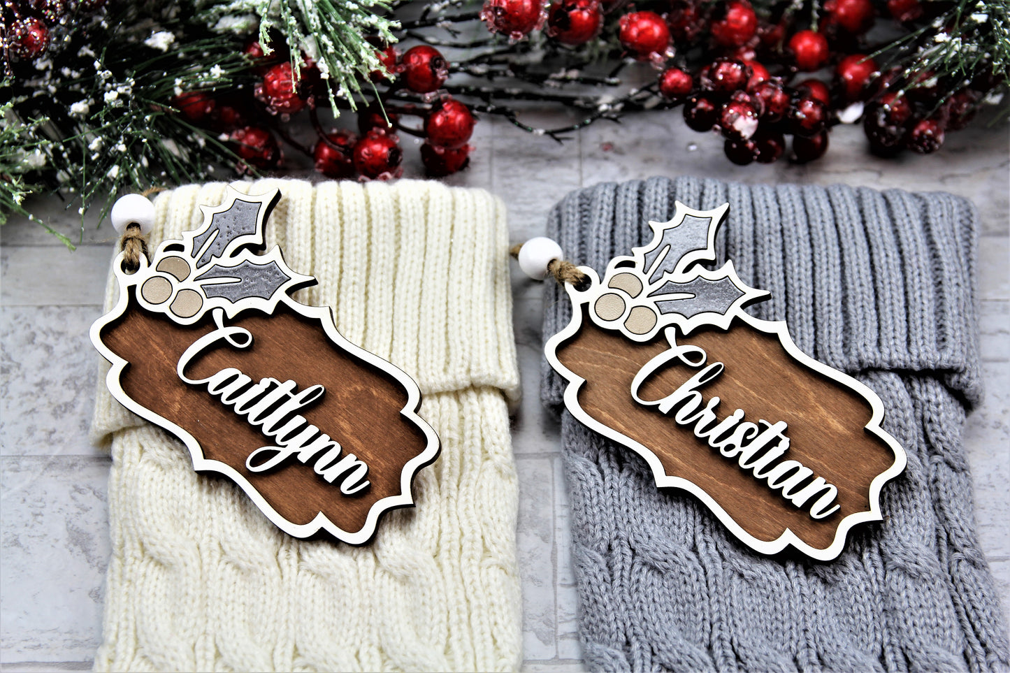 Christmas - Holly and Berry Stocking Tag - Champagne & Silver ST-3