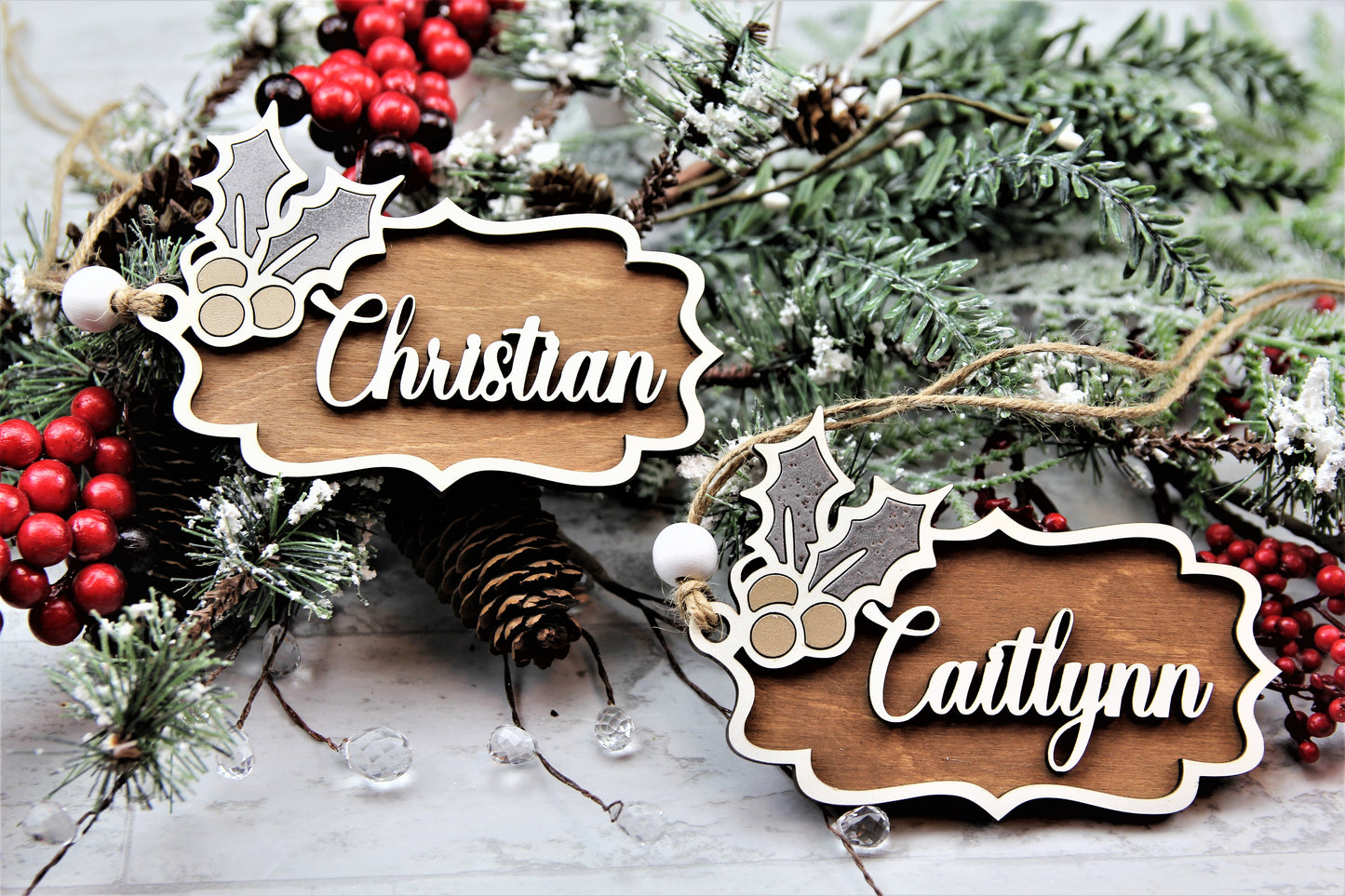 Christmas - Holly and Berry Stocking Tag - Champagne & Silver ST-3